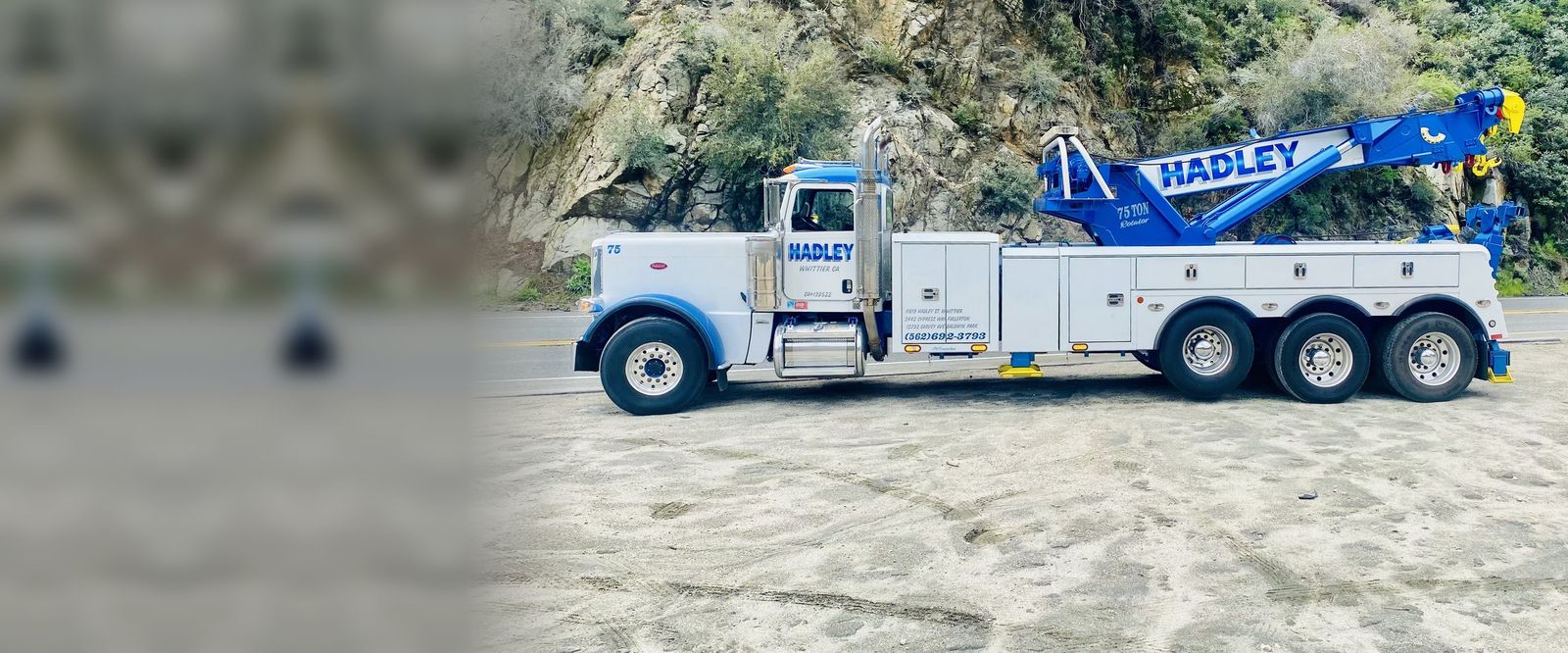 Hadley 75-ton Peterbilt rotator on a Southern California canyon road