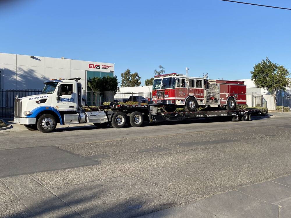 Hadley Tow landoll with La Habra Heights fire truck