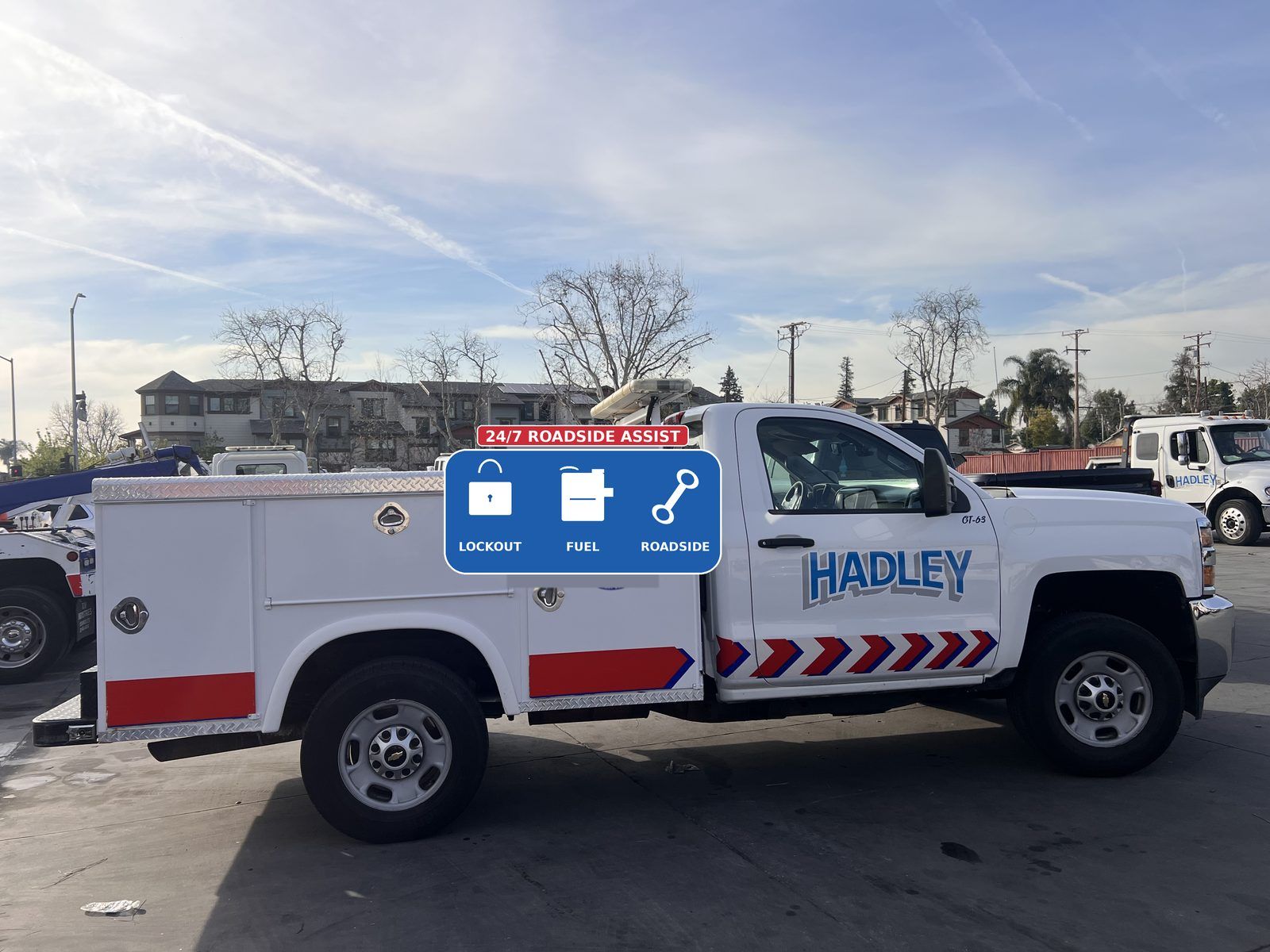 Hadley Tow roadside assistance truck with lockout, fuel, and roadside icons